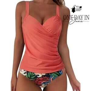 Coral Wrap-Front Halter Tankini Top with Tropical Bikini Bottom
